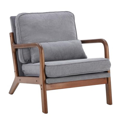 DUMOS Mid Century Modern Accent Chair, 16'' Seat Height Cozy Lounge Chair | Upholstered Armchair with Waist Cushion and Wood Frame for Living Room, Bedroom, Reading Nook, Balcony, Classic Grey - color: Classic Grey, size: 1 Pack