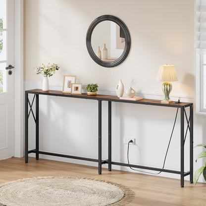 Gewudraw 70" Sofa Table Behind Couch with Oulets-Narrow Console Table,Brown | Industrial Style, Long Skinny Design,Couch Table For Hallway,Living Room,Bedroom, Built-In Power Outlets & USB, 172cm Length - color: Rustic Brown, size: 70 in