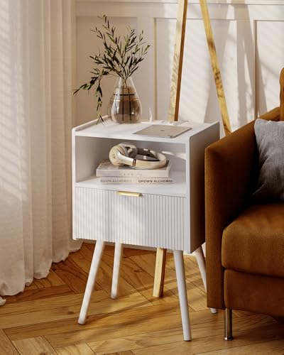 White Nightstand with Outlet,Modern Bedside Table with Storage Drawer and Open Wood Shelf, for Living Room, Bedroom and Small Spaces, Accent Night Stand with Solid Wood Legs, Easy Assembly - color: White-outlet