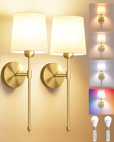 Battery Operated Wall Sconces Set of 2, Wireless Rechargeable Dimmable Wall Light with 5600mAh RGB Bulb and Remote for Bedroom, Living Room, Hallway, Gold, 24in - color: Gold, size: 24 Inch Set of 2