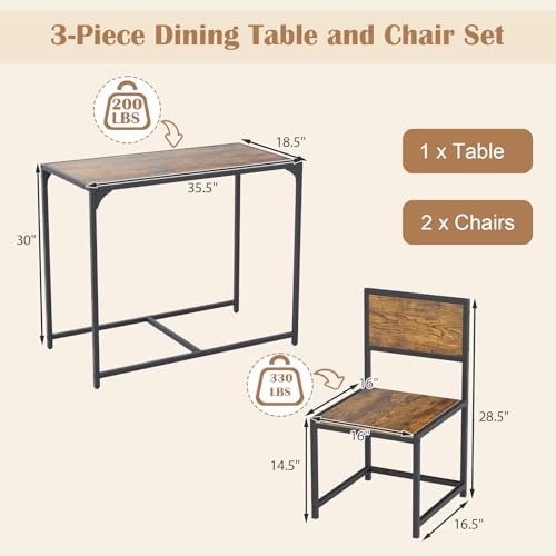 Giantex 3-Piece Dining Table Set for 2, Small Industrial Kitchen Table with 2 Chairs, Metal Frame, Space Saving Dinette Set for Breakfast Nook Dinner Small Space Apartment Living Room, Rustic Brown - color: Rustic Brown
