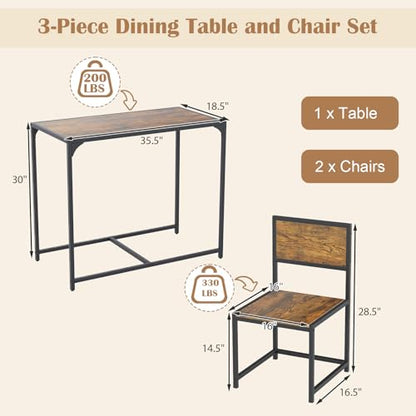 Giantex 3-Piece Dining Table Set for 2, Small Industrial Kitchen Table with 2 Chairs, Metal Frame, Space Saving Dinette Set for Breakfast Nook Dinner Small Space Apartment Living Room, Rustic Brown - color: Rustic Brown