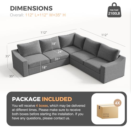 Convertible Sectional, L-Shaped Couch with Extra Deep Seats, Natural Linen Fabric Comfy Modern Corner Sofa for Living Room, Office, Grey - color: Grey, size: 112 Inch - V Shaped(5 Seat)