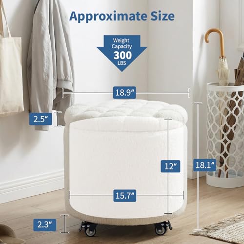 Modern Round Storage Ottoman with Wheels,Button Tufted Ottoman Footstool Ottomans with Removable Lid Storage Footstool for Living Room, Bedroom, Makeup Room, Faux Fur, White - color: White-2