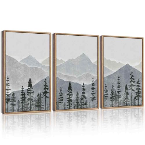 KUVIOKE Mountain Landscape Framed Wall Art Watercolor Nature Forest Painting Boho Farmhouse Rustic Room Decor for Bedroom Dining Room 16x24in (Natural Framed) - color: Blue Mountain, size: 16 x 24in x 3 Panels Natural