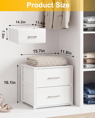 Fixwal Closet Drawers for Clothes, 1 Pack, 2 Drawers Dresser, 15.7" Wide | height 16.1", 2 fabric storage drawers, wooden top, white, spacious storage, dresser for bedroom - size: 11.8"D x 15.7"W x 16.1"H