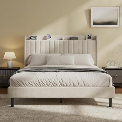 Full Velvet Bed Frame with Storage Headboard & Charging Station | Vertical Channel Tufted, Mattress Non-slip Design, No Box Spring Needed, Noise-Free, Easy Assembly, Sturdy, Wingback - color: Beige, size: Full