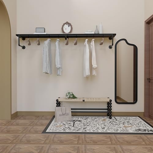 Clothes Rack 70in, Wall Mounted Garment Racks with Real Black Wood Shelf, Heavy Duty Hanging Clothes Rack, Multi-Purpose Hanging Rod, Space-Saving Closet Storage - color: Black, size: 1T70IN