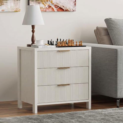 Fluted Nightstand, 23.7'' Wide Night Stand with 3 Drawers, Mid-Century Modern Bedside Table with Handles, Wood End Table for Bedroom, White - color: White