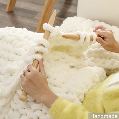 WESHIONGOO Chunky Knit Throw Blanket 51"×63" Cream White | Knitted Throw blankets for Couch Bed Fluffy Soft Blanket With Jumbo Chenille Yarn Thick 100% Handmade - color: Cream White, size: 51"x63"(Large Size Throw)