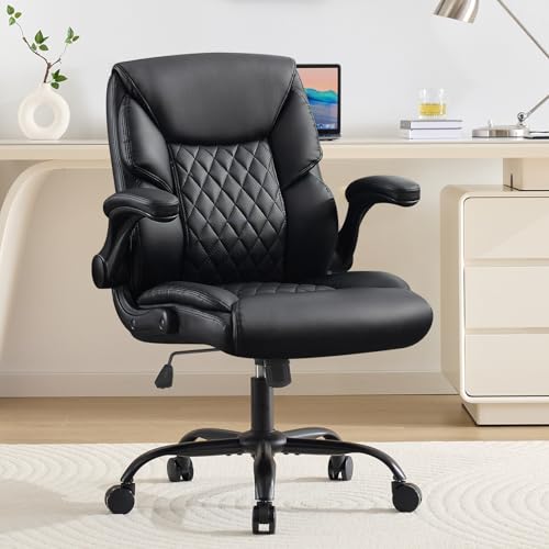 Leather Executive Office Chair - Comfy Black Desk Chair Small Space | Desk Chair with Mid Backrest,5 Wheels,Mid Backrest,Lumbar Support, Height Adjustable,home office reading Gaming Use - color: Black