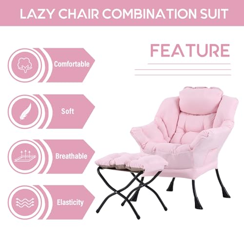 Lazy Chair with Ottoman, Comfy Accent Reading Chair, Pink | Foldable Footrest,Removable Cover,with Armrests and Side Pockets,Upholstered Lounge Chair for Bedroom,Dorm,Office,Small Space - color: Pink
