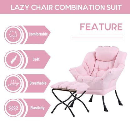 Lazy Chair with Ottoman, Comfy Accent Reading Chair, Pink | Foldable Footrest,Removable Cover,with Armrests and Side Pockets,Upholstered Lounge Chair for Bedroom,Dorm,Office,Small Space - color: Pink