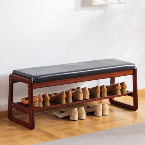 latifolia Solid Wood Bench, Entryway Shoe Bench with Cushion, 2 Tier Shoe Storage Organizer for Hallway, Living Room(Black,39.70''L) - color: Black, size: 39.37''L