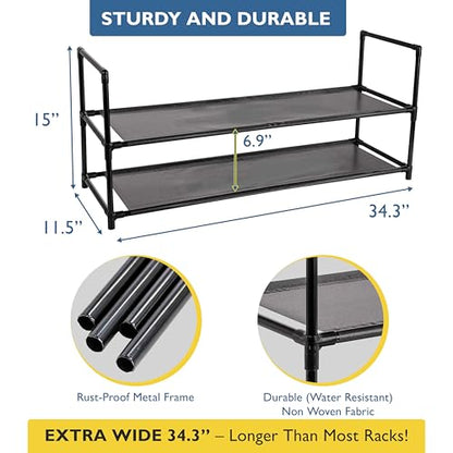 Sundaze Shoe Rack - 2 Tier Shoe Rack for Front Door Entrance, Sturdy Long Shoe Organizer for Closet, Bedroom, Entryway, Garage, Non Woven Fabric Shelf, Black, Holds Up to 10 Pairs - size: 2 Tier (34.3" W)