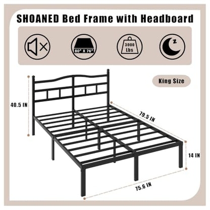 SHOANED Metal Bed Frame with Headboard - 14 Inch King Size Heavy Duty Bedframe Black Basic Steel Slats Platform No Box Spring Needed/Easy Assembly/Noise Free - size: King, style: 14 Inch with Headboard