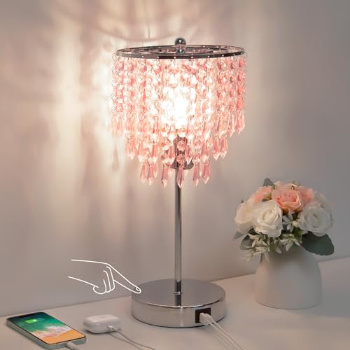 Touch Bedside Lamp with USB C+A Ports, Silver with Pink Crystal Shade | 3-Way Dimmable Crystal Table Lamp, Nightstand Light for Girl Room, Desk Lamp for Bedroom Living Room, B11 LED Bulb Included - color: Pink
