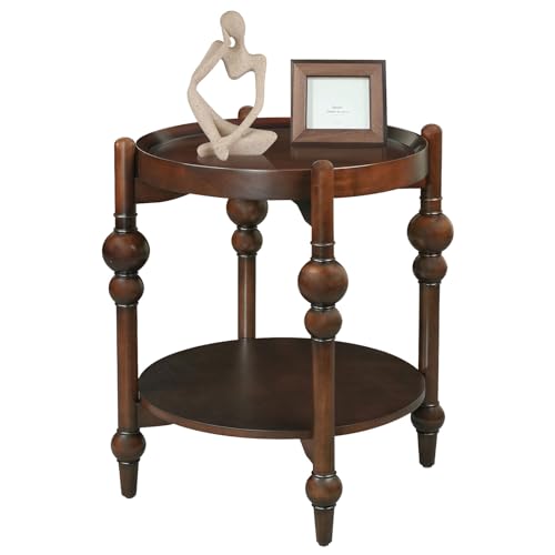 Nesting End Table for Living Room,Round Solid Wood Frame Nest Side Tables with Storage,Retro Accent Center Table for Small Space Apartment (25''D×24''H-Dark Brown) - color: B-drak Brown2