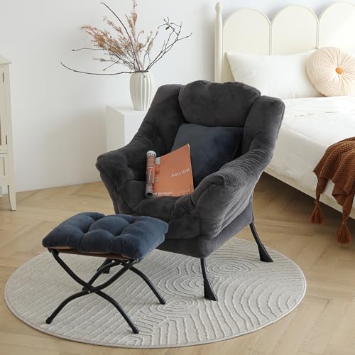 Lazy Chair with Ottoman, Plush Reading Chair with Pillow， Gray | Removable machine-washable cover; includes an extra throw pillow; cozy accent chair for living room, bedroom, dorm or office - color: Plush Blue-gray-1