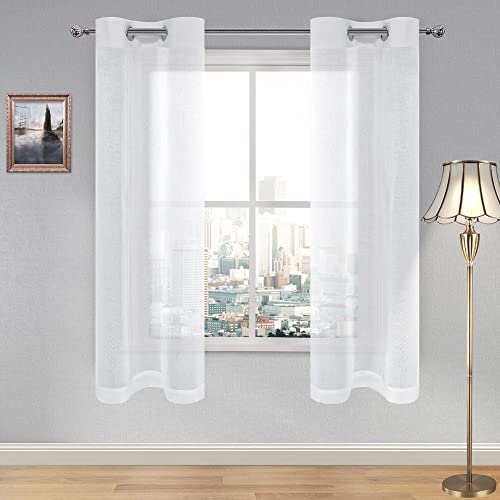 DWCN White Faux Linen Sheer Curtains - Grommet Voile Window Curtain Drapes for Bedroom Living Room 28 x 63 inch Length, Set of 2 - color: White, size: 28"W x 63"L (Pack of 2)