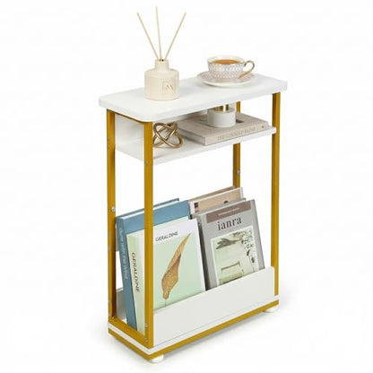 Narrow Side Table,3-Tier Slim End Table with Storage Shelf,Modern Sofa Table Thin Side Table for Small Spaces, Skinny Bedside Table Small Nightstand with Magazine Rack Space Saving/White+Gold - color: White+gold