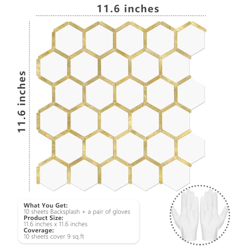 STICKGOO Hexagon Peel and Stick Backsplash Tile, Stick on Backsplash for Kitchen and Bathroom, Pure White PVC Mixed Metal Gold Self Adhesive Wall Tiles(10 Sheets, Seamless) - color: Pure White with Metal Gold