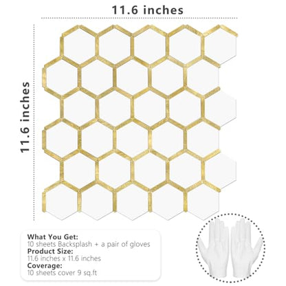 STICKGOO Hexagon Peel and Stick Backsplash Tile, Stick on Backsplash for Kitchen and Bathroom, Pure White PVC Mixed Metal Gold Self Adhesive Wall Tiles(10 Sheets, Seamless) - color: Pure White with Metal Gold