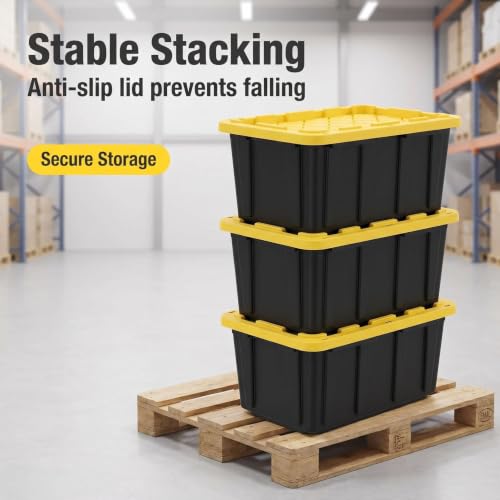 4 Pack 17 Gallon Stackable Lockable Storage Bins with Lids, Black & Yellow | Thickened durable plastic, nestable empty design, built-in ergonomic handles, multi-scene indoor outdoor storage use