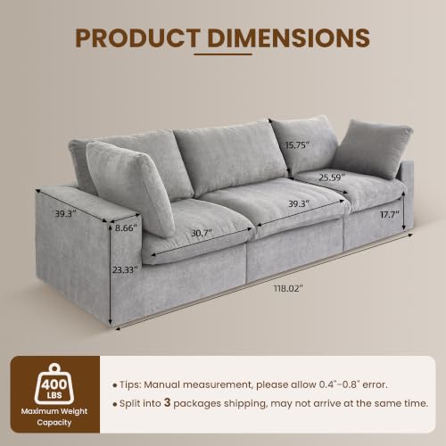 118" Cloud Modular Sofa, Convertible Modular 3 Seater Couch, Cotton Linen Fabric Sofa for Living Room, Apartment and Bedroom, Removable Covers, 2 Pillows, Grey - color: Grey, size: 3-Seater