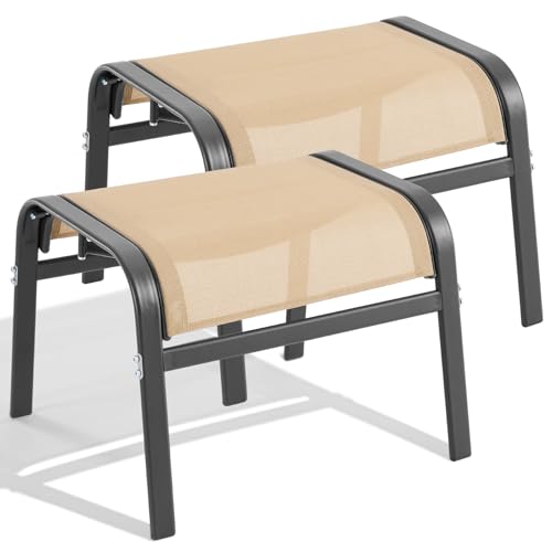 Outdoor Ottoman Set of 2, Oversized Outdoor Foot Rest, Beige | Stackable, All Weather Outdoor Foot Stool, Supportive Textliene, Metal Frame, Patio Garden Pool Furniture - color: Beige