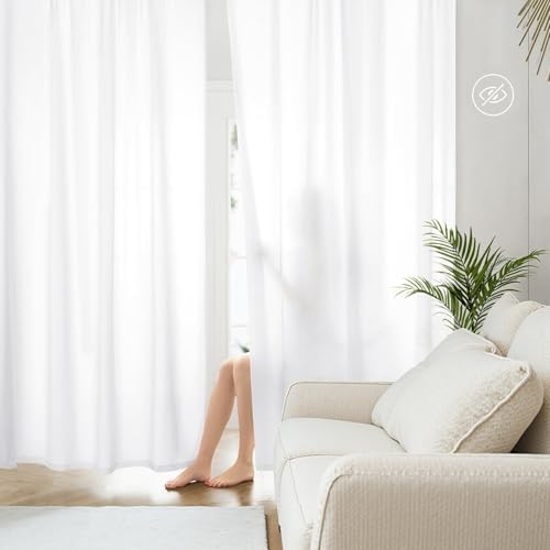 HOMEIDEAS Non-See-Through White Privacy Sheer Curtains 52 X 84 Inches Long 2 Panels Sheer Curtains Light Filtering Window Curtains Drapes for Bedroom Living Room | 2 Panels, Light Filtering, Semi Sheer Curtains, Window Voile Drapes, Bedroom Living Room Di