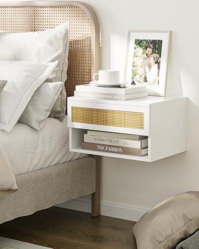 Modern Floating Nightstand with Drawer, Wall Mount Shelves, White Rattan | Small Space Saver, Modern Minimalist Design, Wall Mounted Shelves, for Bedroom, Bathroom, Living room, Easy Assembly, Rattan - color: White Rattan