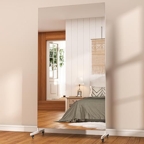 Hasipu 71" x 32" Large Full Length Rolling Mirror with Wheels, White | Tempered glass, sturdy metal frame, smooth rolling casters, removable stand, ideal for gym, bedroom, dance studio & yoga. - size: 71"L x 32"W