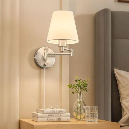 VONLUCE Wall Lamp, Plug in & Swing Arm Wall Sconce, Nickel Finish | Modern Wall Lights with White Fabric Shades, Plug in & Hardwired Wall Mounted Light for Bedside, Living Room, Hallway - color: Nickel, size: 1 Pack