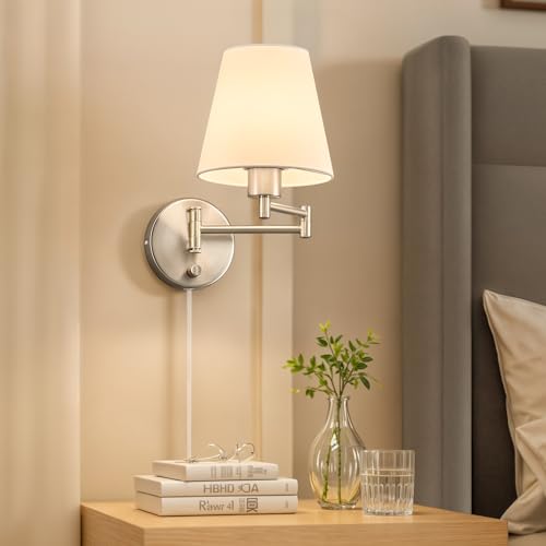 VONLUCE Wall Lamp, Plug in & Swing Arm Wall Sconce, Nickel Finish | Modern Wall Lights with White Fabric Shades, Plug in & Hardwired Wall Mounted Light for Bedside, Living Room, Hallway - color: Nickel, size: 1 Pack