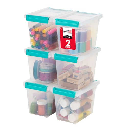 IRIS USA Storage Bins with Lids |Made in USA| 2 Qt Tall - (6-Pack) - Clear | Sensory Craft Organizers, Plastic Clip Box Totes, Flat Containers for Organizing Paper, Office, Art & Study Supplies - color: Clear/Seafoam Blue, size: 2 Qt. - 6 Pack (Tall)