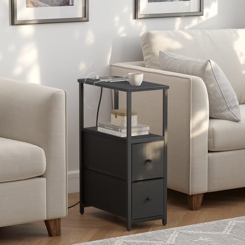 TUTOTAK Narrow End Table with Charging Station, Skinny Side Table | Bedside Table with Outlets, Nightstand with 2 Cloth Drawers, Couch Table for Living Room, Bedroom, Black TB01BK055 - color: Black, style: 2 Drawers & Plug