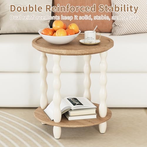 karlott Round Side Table, 2-Tier Farmhouse End Tables Living Room, Beige | Pine Leg, Weathered Handcrafted Wood Nightstand, Boho Round Nightstand, Easy Assembly for Living Room, Bedroom, Small Space - size: 2 Tier End Table 18.5 Inches