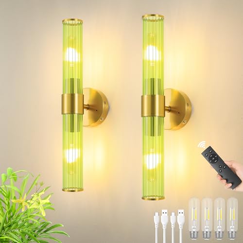 Morauroral Gold Battery Operated Wall Sconces Set of 2, Rechargeable Wall Lights with Remote Control, 20 Inch Modern Wireless Wall Lamp for Bedroom, Living Room with Green Shade (Bulbs Included) - color: Gold （Green Glass）