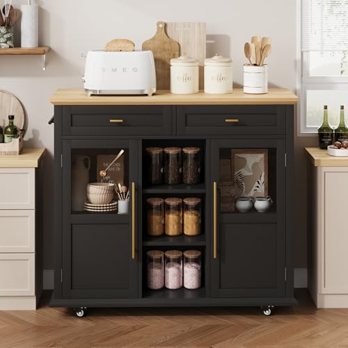 GAOMON 41" Rolling Kitchen Island Cart with Drop Leaf - Mobile Storage Cart 41" W x 16" D, Expandable Kitchen Island for Small Spaces, Farmhouse Style for Dining Room & Kitchen (Black and Natural)
