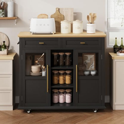 GAOMON 41" Rolling Kitchen Island Cart with Drop Leaf - Mobile Storage Cart 41" W x 16" D, Expandable Kitchen Island for Small Spaces, Farmhouse Style for Dining Room & Kitchen (Black and Natural)