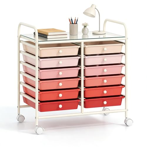 COSTWAY 12-Drawer Rolling Storage Cart, Utility Storage Organizer Cart | For Tools, Scrapbook, Paper, Craft, Multipurpose Art Supply Organizer on Wheels for Home Office School, Teacher, Mixed Pink - color: Mixed Pink, size: 25"L x 15"W x 24.5”H (12 Drawer