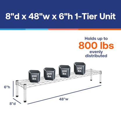 Shelving Inc. 8" d x 48" w Chrome Wire Shelving with 1 Tier Shelf | Weight Capacity 800lbs Per Shelf, Durable Kitchen and Garage Storage Shelves, Adjustable Shelf Organizer Storage Rack - size: 8" d x 48" w x 6" h