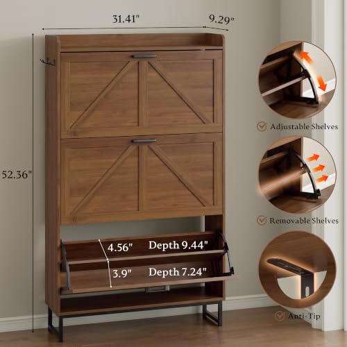 BORNOON Shoe Cabinet with 3 Flip Drawers Narrow Shoe Storage Cabinet Organizer Wooden Freestanding Shoe Rack Hidden Slim Shoes Storage Cabinet for Entryway, Hallway, Living Room, Bedroom - color: Walnut, size: 3-Drawer