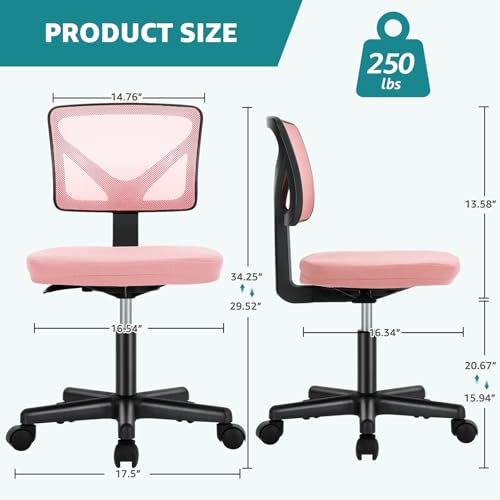 OLIXIS Armless Home Office Chair, Ergonomic Small Desk Chair | Mesh Back, Removable Washable Foam Cushion, Height Adjustable, Rolling Swivel Wheels, Small Space, Pink - color: Pink
