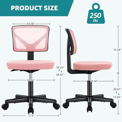 OLIXIS Armless Home Office Chair, Ergonomic Small Desk Chair | Mesh Back, Removable Washable Foam Cushion, Height Adjustable, Rolling Swivel Wheels, Small Space, Pink - color: Pink