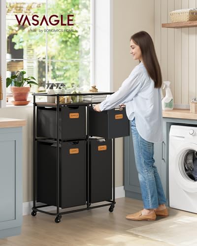 VASAGLE Laundry Sorter with Wheels, 39.6 Gal., 4 Removable Liners | Portable Laundry Cart with Shelf, 150 L, 6 Labels, Ink Black and Chestnut Brown, STEVIE Collection URLS100BH01S - size: 4 Bags