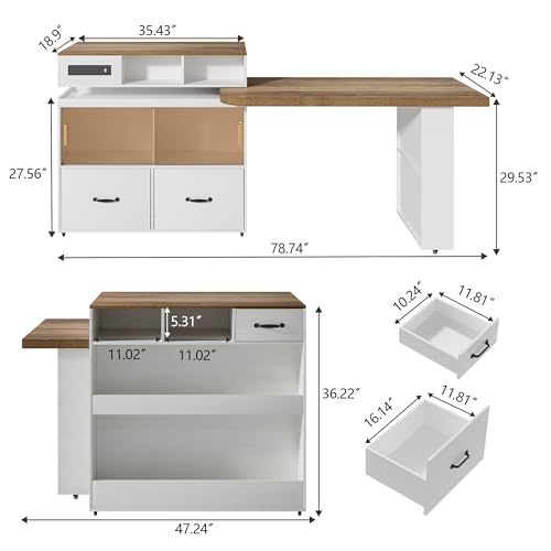 Kitchen Island Storage & Seating, Wheeled & Extendable Table for Kitchen | 360° Swivel Countertop,Built-in Power Outlet,Lockable Casters,Glass Door Storage,Farmhouse Two-tone Finish,White Oak,Drawers