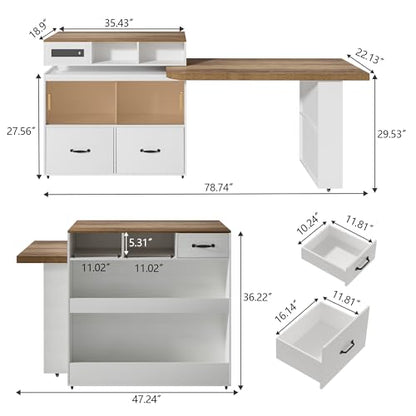 Kitchen Island Storage & Seating, Wheeled & Extendable Table for Kitchen | 360° Swivel Countertop,Built-in Power Outlet,Lockable Casters,Glass Door Storage,Farmhouse Two-tone Finish,White Oak,Drawers