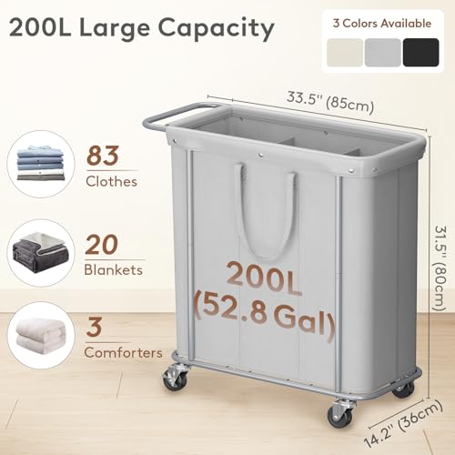 Lifewit 200L Rolling Laundry Basket with Steel Frame, Removable Bag, Silver Gray - color: Silver Gray, size: 200L